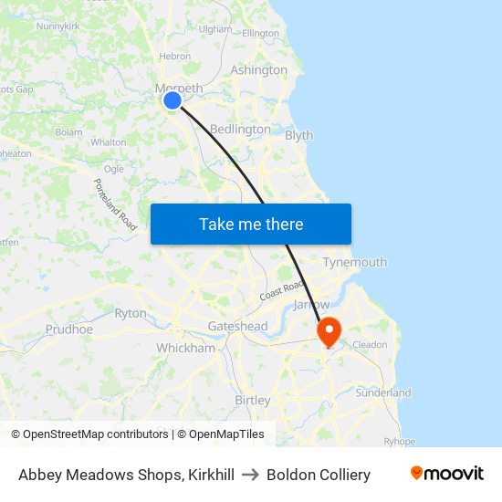 Abbey Meadows Shops, Kirkhill to Boldon Colliery map