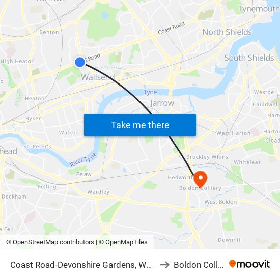 Coast Road-Devonshire Gardens, Wallsend to Boldon Colliery map