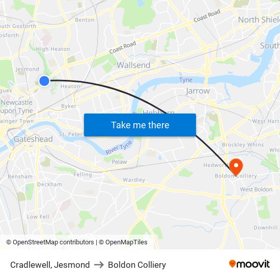 Cradlewell, Jesmond to Boldon Colliery map