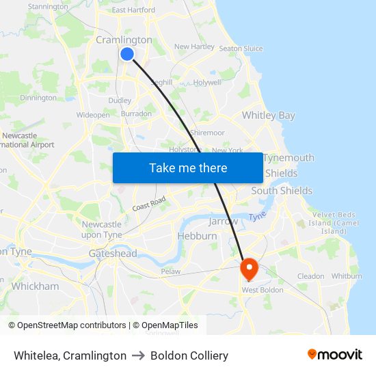 Whitelea, Cramlington to Boldon Colliery map