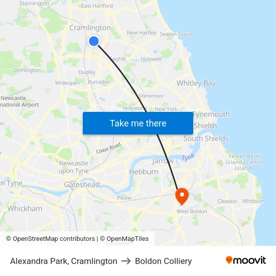 Alexandra Park, Cramlington to Boldon Colliery map