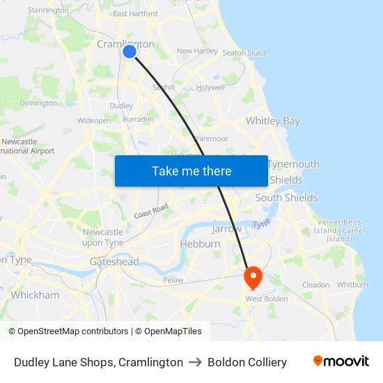 Dudley Lane Shops, Cramlington to Boldon Colliery map