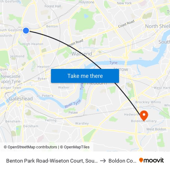 Benton Park Road-Wiseton Court, South Gosforth to Boldon Colliery map