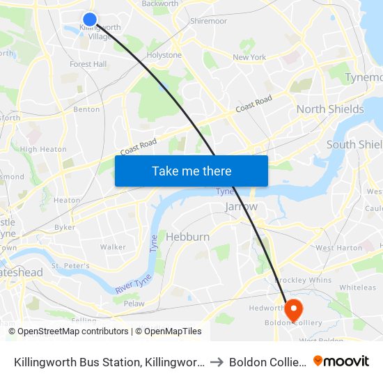 Killingworth Bus Station, Killingworth to Boldon Colliery map