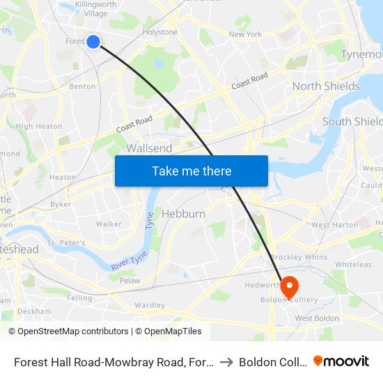 Forest Hall Road-Mowbray Road, Forest Hall to Boldon Colliery map