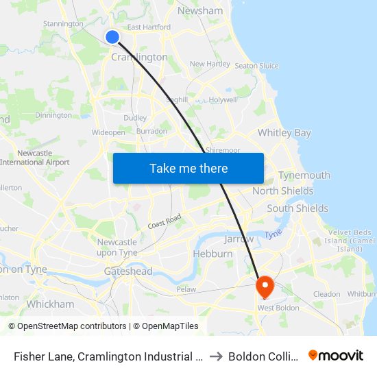 Fisher Lane, Cramlington Industrial Est to Boldon Colliery map