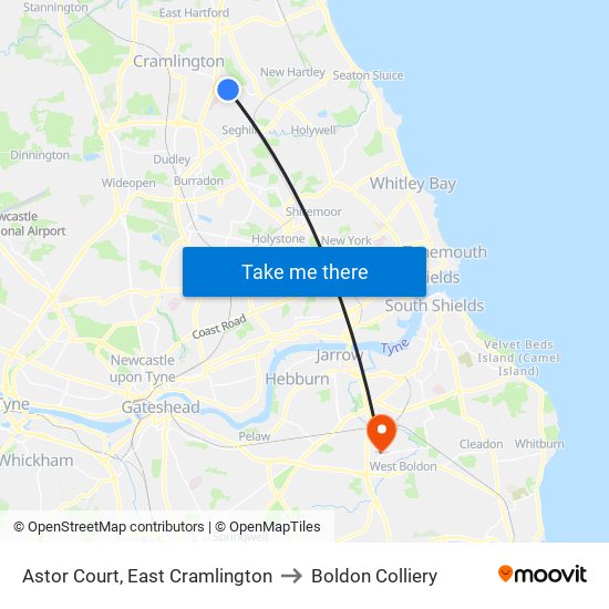 Astor Court, East Cramlington to Boldon Colliery map