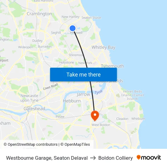Westbourne Garage, Seaton Delaval to Boldon Colliery map