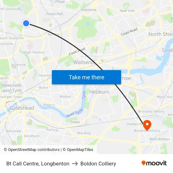 Bt Call Centre, Longbenton to Boldon Colliery map