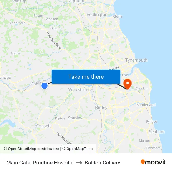 Cottier Grange, Prudhoe Hospital to Boldon Colliery map