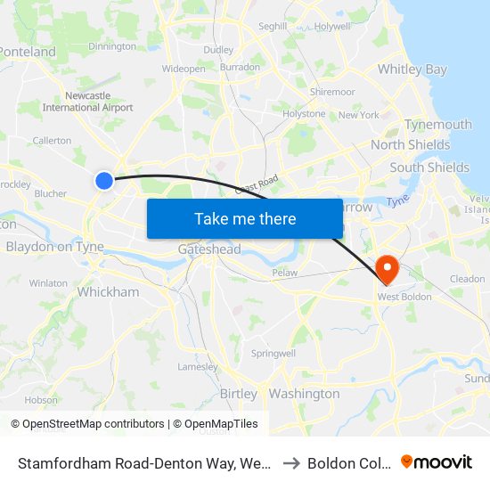 Stamfordham Road-Denton Way, Westerhope to Boldon Colliery map