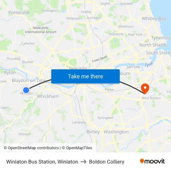 Bus Station, Winlaton to Boldon Colliery map