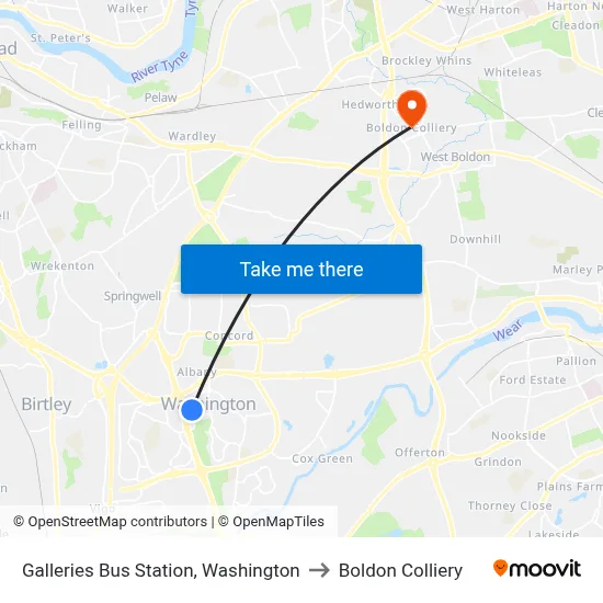 Galleries Bus Station, Washington to Boldon Colliery map