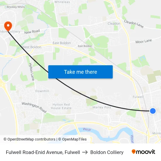 Fulwell Road-Enid Avenue, Fulwell to Boldon Colliery map