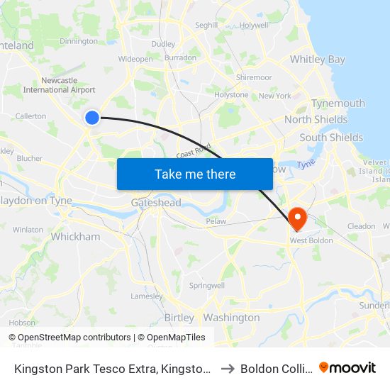 Kingston Park Tesco Extra, Kingston Park to Boldon Colliery map