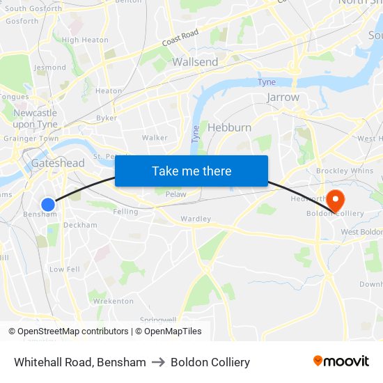 Whitehall Road, Bensham to Boldon Colliery map