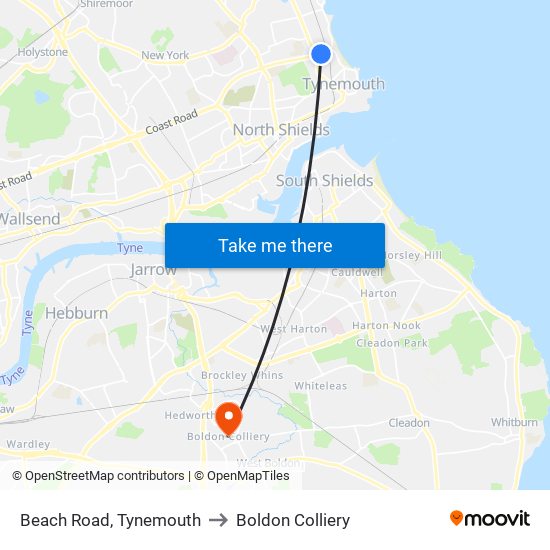 Beach Road, Tynemouth to Boldon Colliery map