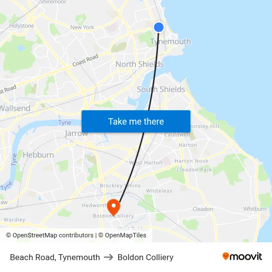 Beach Road, Tynemouth to Boldon Colliery map