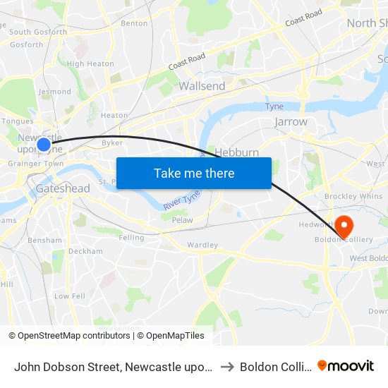 John Dobson Street, Newcastle upon Tyne to Boldon Colliery map