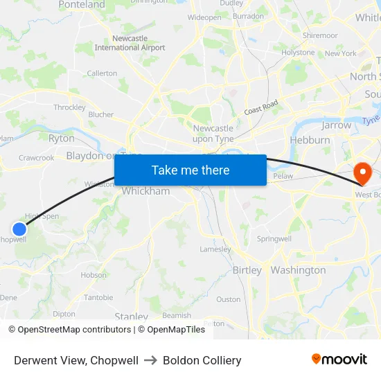 Derwent View, Chopwell to Boldon Colliery map