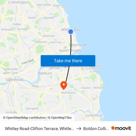 Whitley Road-Clifton Terrace, Whitley Bay to Boldon Colliery map