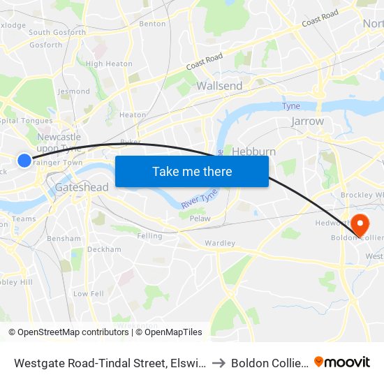 Westgate Road-Tindal Street, Elswick to Boldon Colliery map