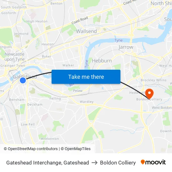 Gateshead Interchange, Gateshead to Boldon Colliery map