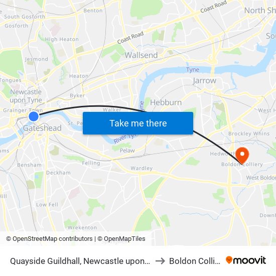 Quayside Guildhall, Newcastle upon Tyne to Boldon Colliery map
