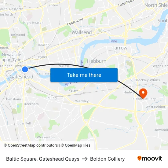 Baltic Square, Gateshead Quays to Boldon Colliery map