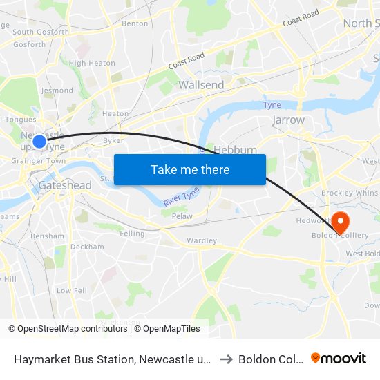 Haymarket Bus Station, Newcastle upon Tyne to Boldon Colliery map