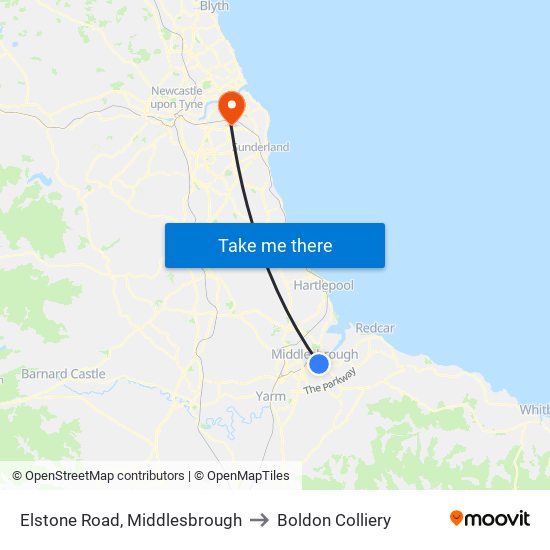 Elstone Road, Middlesbrough to Boldon Colliery map