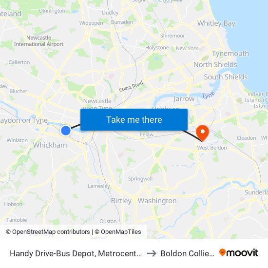Handy Drive-Bus Depot, Metrocentre to Boldon Colliery map