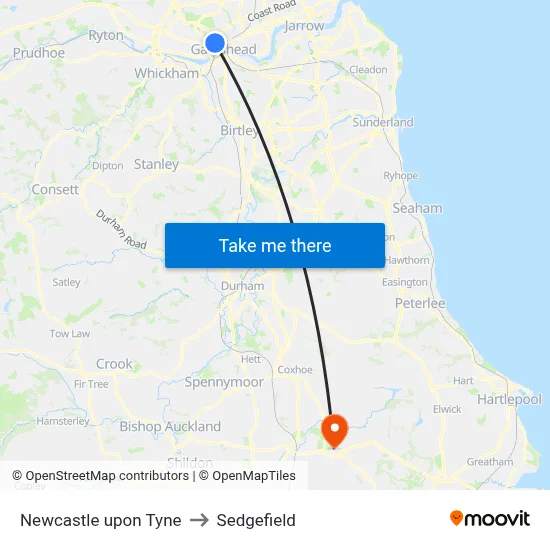 Newcastle upon Tyne to Sedgefield map