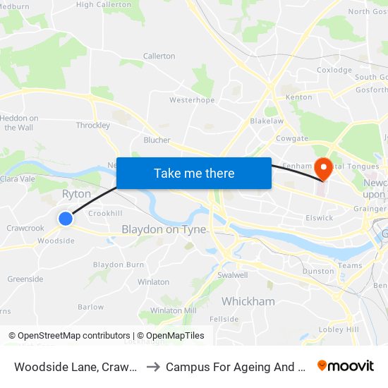 Woodside Lane, Crawcrook to Campus For Ageing And Vitality map