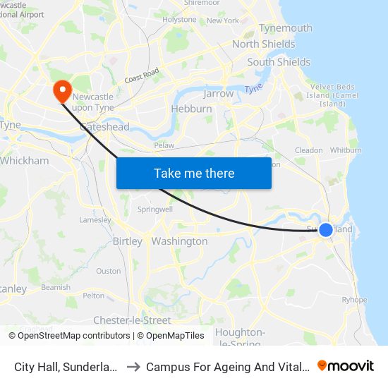 City Hall, Sunderland to Campus For Ageing And Vitality map