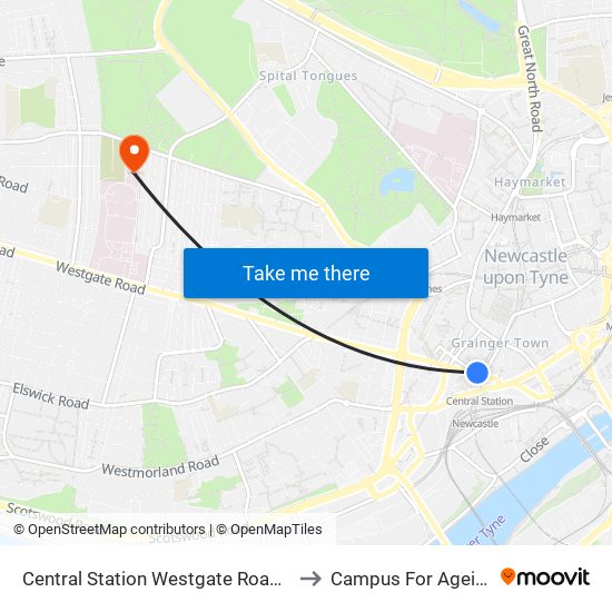 Central Station Westgate Road, Newcastle upon Tyne to Campus For Ageing And Vitality map