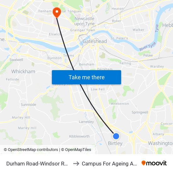 Durham Road-Windsor Road, Birtley to Campus For Ageing And Vitality map