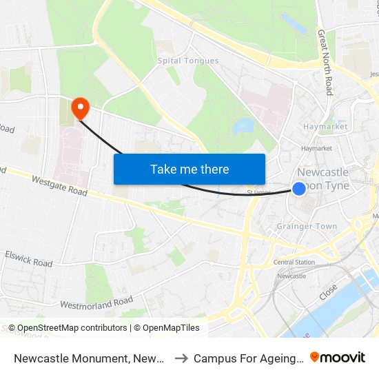 Newcastle Monument, Newcastle upon Tyne to Campus For Ageing And Vitality map