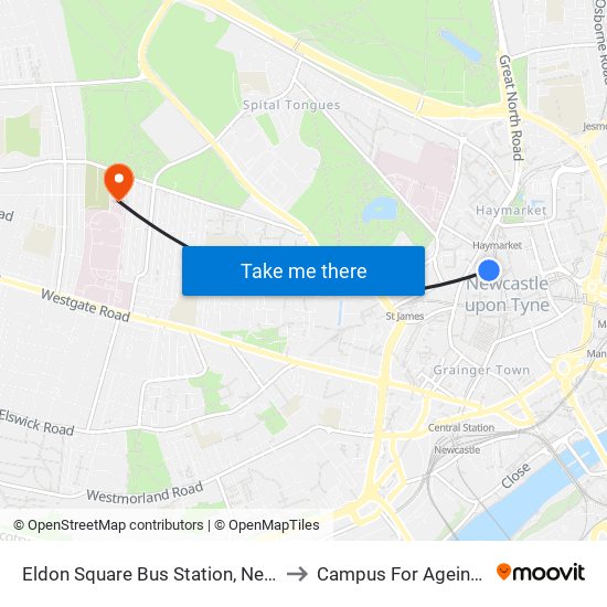 Eldon Square Bus Station, Newcastle upon Tyne to Campus For Ageing And Vitality map