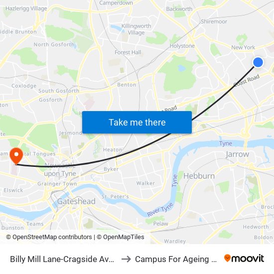 Billy Mill Lane-Cragside Avenue, Billy Mill to Campus For Ageing And Vitality map