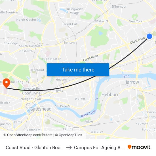 Coast Road - Glanton Road, Billy Mill to Campus For Ageing And Vitality map