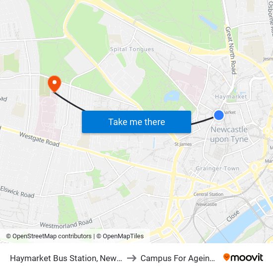 Haymarket Bus Station, Newcastle upon Tyne to Campus For Ageing And Vitality map