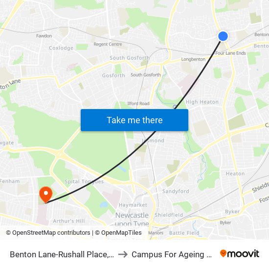 Benton Lane-Rushall Place, Longbenton to Campus For Ageing And Vitality map