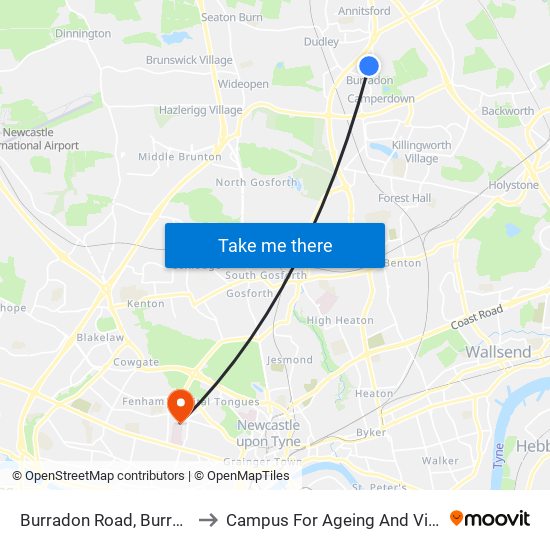 Burradon Road, Burradon to Campus For Ageing And Vitality map