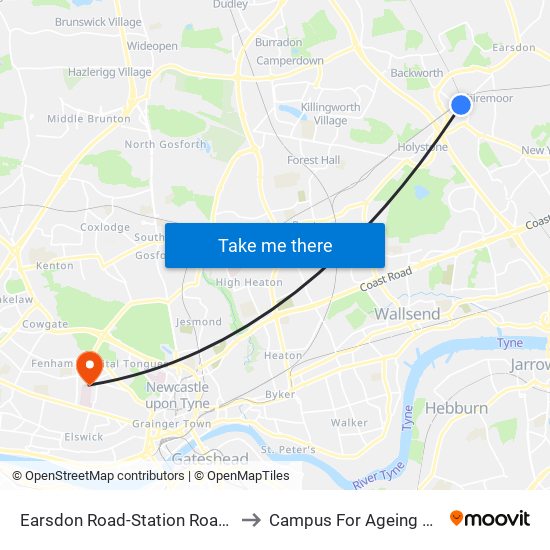 Earsdon Road-Station Road, Backworth to Campus For Ageing And Vitality map