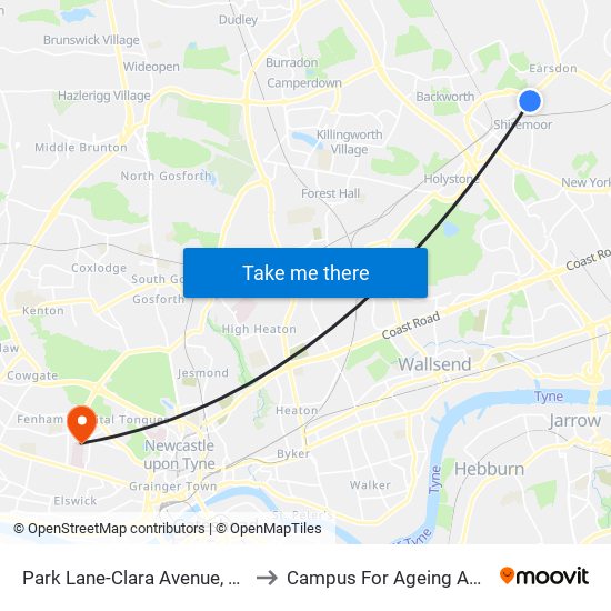 Park Lane-Clara Avenue, Shiremoor to Campus For Ageing And Vitality map