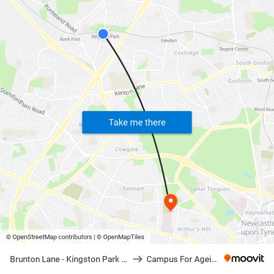 Brunton Lane - Kingston Park Shops, Kingston Park to Campus For Ageing And Vitality map