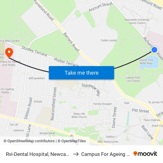 Rvi-Dental Hospital, Newcastle upon Tyne to Campus For Ageing And Vitality map