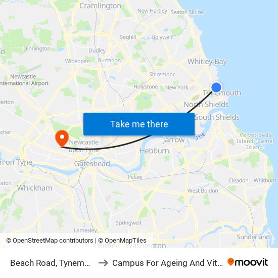 Beach Road, Tynemouth to Campus For Ageing And Vitality map