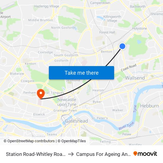 Station Road-Whitley Road, Benton to Campus For Ageing And Vitality map